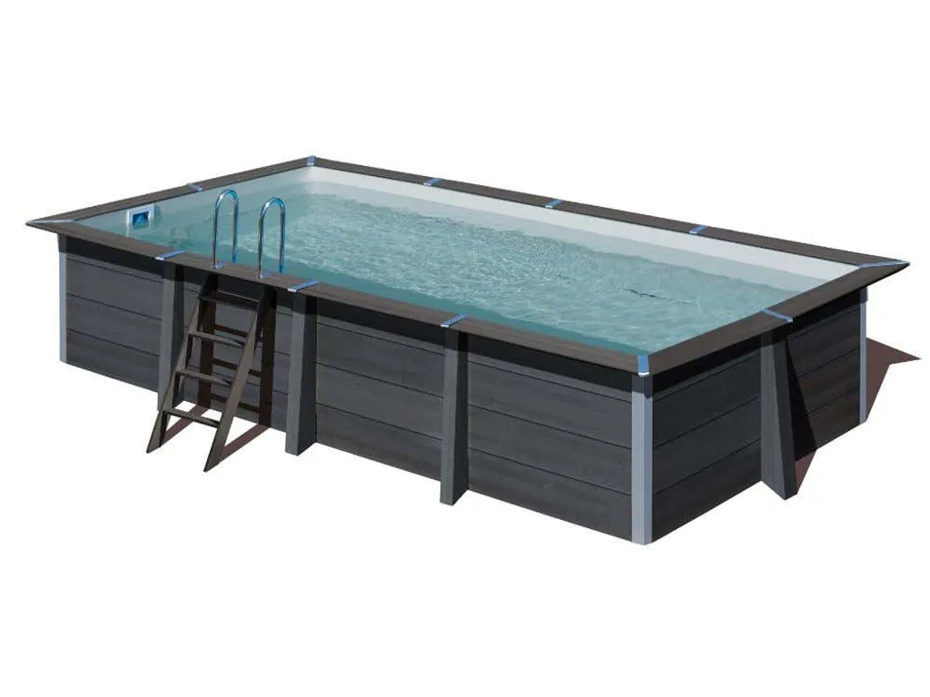 POOLCREW WPC Pool Komplettset Kreta, Aufstellpool Set inkl. Pumpe und Filter, Swimmingpool mit Sandfilteranlage und Leiter, Frame Pool rechteckig 606 x 375 x 124 cm